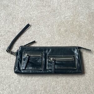 Nordstrom black leather clutch wristlet with creamy white stitching: